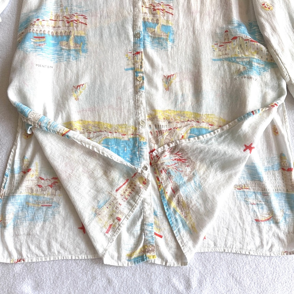 Calypso St Barth L Linen Postcard Print Shirt Dress Monaco Menton Nice Roll Tab - Picture 7 of 16
